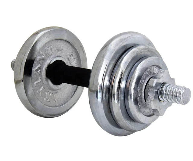 Chrome Dumbbells and Barbell for Weight Training, Adjustable Dumbbell Set Includes Storage Case with Wheels, 20 KG, Silver | Ideal for All Surfaces, Kids & Adults | Match-Ready | Includes Pump & Needle