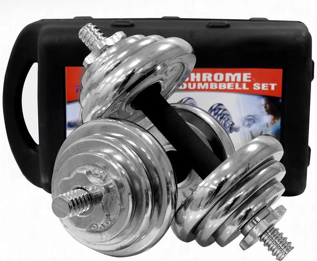 Chrome Dumbbells and Barbell for Weight Training, Adjustable Dumbbell Set Includes Storage Case with Wheels, 20 KG, Silver | Ideal for All Surfaces, Kids & Adults | Match-Ready | Includes Pump & Needle