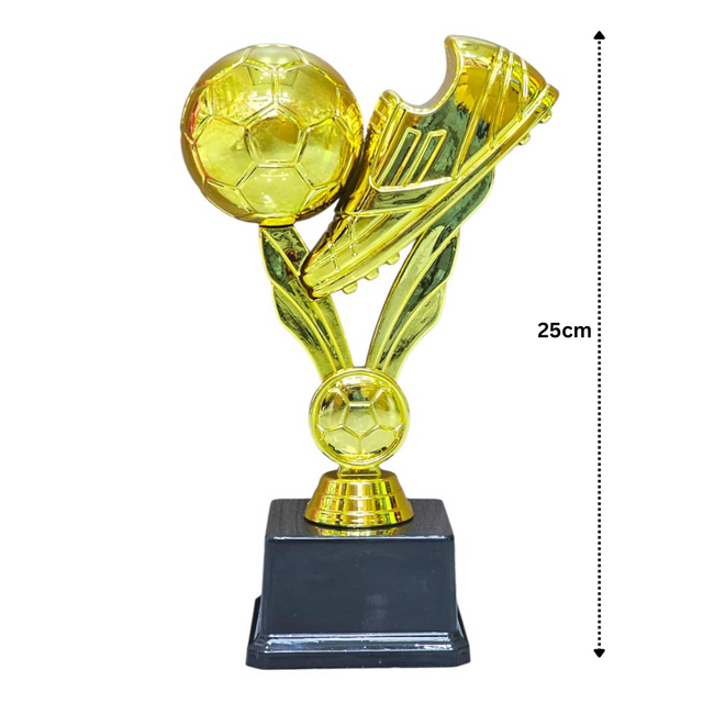25cm Golden Football & Boot Trophy – Gold Color Soccer Award with Black Base for Tournaments & Player Recognition