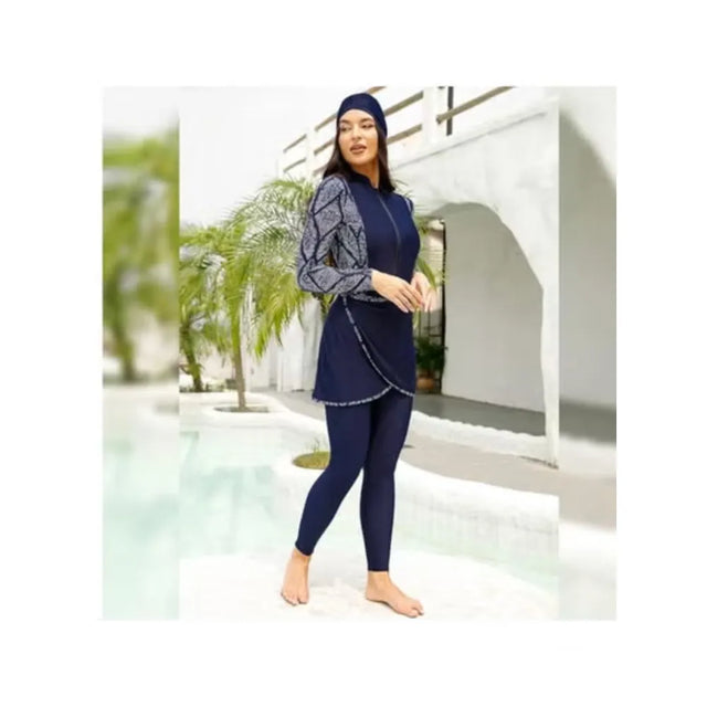 Muslim Women Modest Swimsuit Full Coverage Floral Print Three Piece Islamic Hijab Ladies Beachwear Swimming Swimwear | Ideal for All Surfaces, Kids & Adults | Match-Ready | Includes Pump & Needle