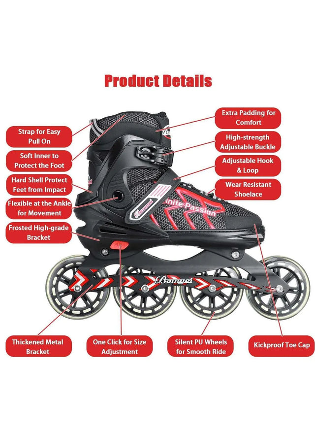 Four wheel inline skates shoes adjustable roller shoes skates for children boys girl kids beginner double row red roller skates 229512 | Ideal for All Surfaces, Kids & Adults | Match-Ready