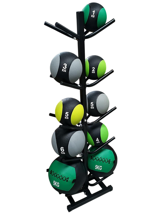 Sports Ball Storage Rack Double-Side Medicine Ball Tree Floor-Stand Exercise Ball Rack, Holds 10 Balls, Sports Ball Organizer for Fitness Gym Garage, 5-Tier, Black & Steel