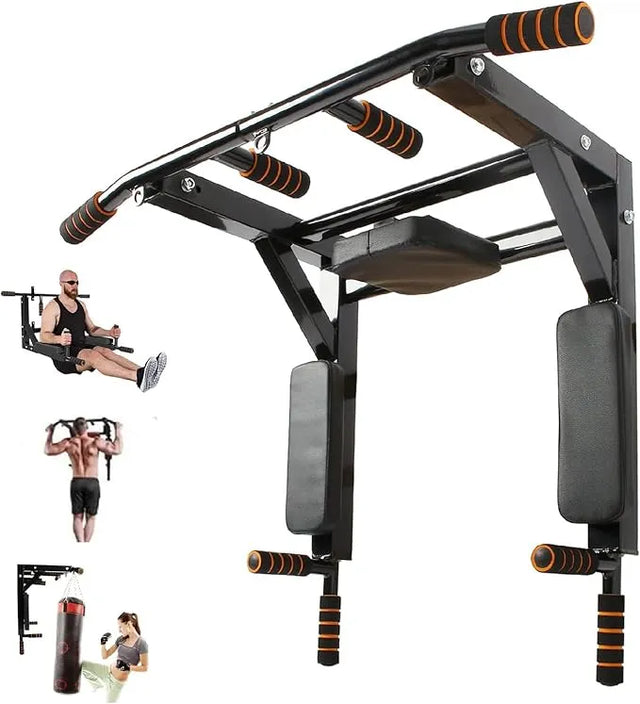 Spall Wall Mounted Pull Up Bar | Multi-Grip Chin Up Station with Hooks for Punching Bags, Power Ropes & Dip Training – Heavy Duty Home Gym Equipment