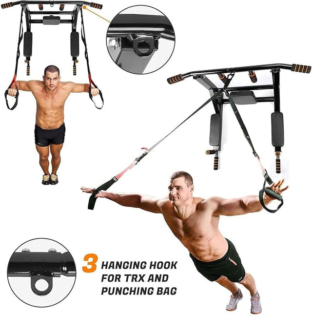 Spall Wall Mounted Pull Up Bar | Multi-Grip Chin Up Station with Hooks for Punching Bags, Power Ropes & Dip Training – Heavy Duty Home Gym Equipment