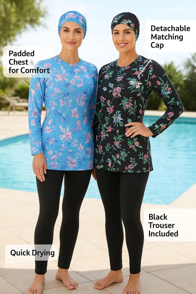 Women’s Islamic Full Coverage Swimwear – Modest Swimming Costume – Available in Black & Blue