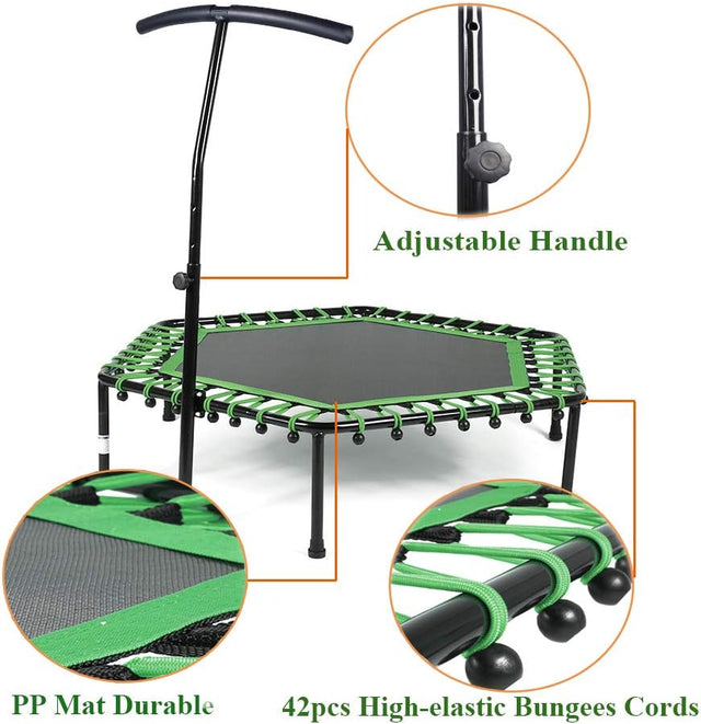 Home Gym Exercise Trampoline with Adjustable Handrail, Indoor/Outdoor, Hexagon, for Adults & Kids | Ideal for All Surfaces, Kids & Adults | Match-Ready | Includes Pump & Needle | Durable & Long-Lasting
