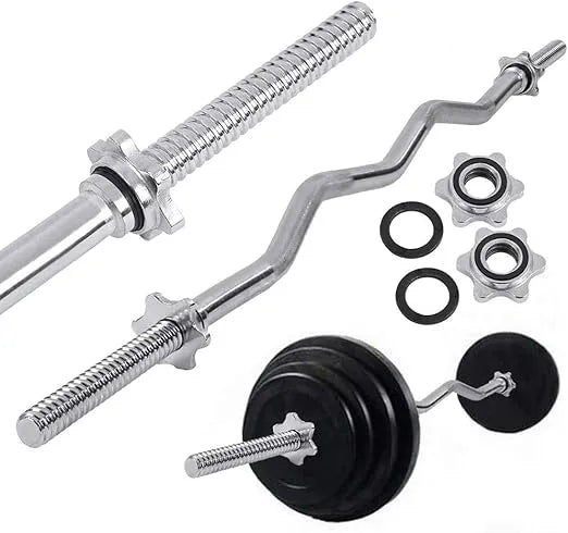 120cm Standard Straight Barbell Bar & EZ Curl Barbell Bar, 220Kg Max Weight Bar 2.5cm Diameter 1583 | Ideal for All Surfaces, Kids & Adults | Match-Ready | Includes Pump & Needle | Durable & Long-Lasting Performance