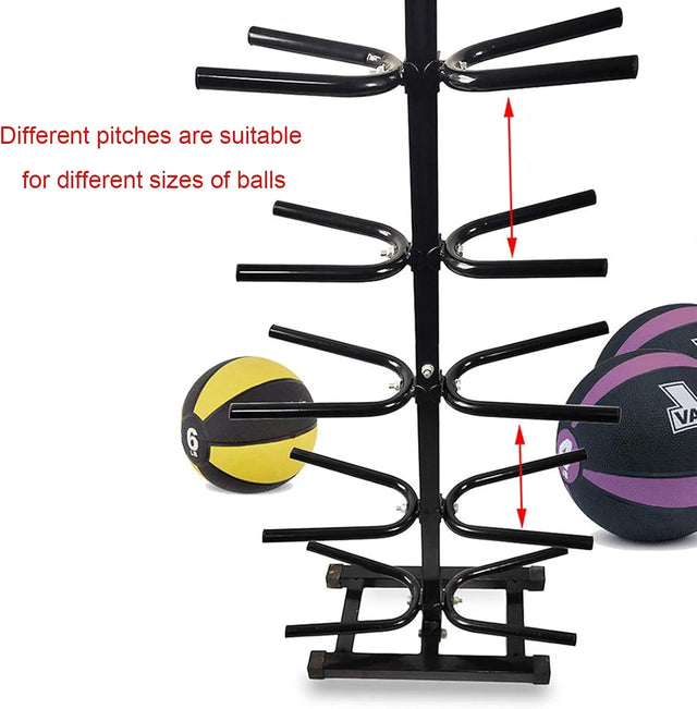 Sports Ball Storage Rack Double-Side Medicine Ball Tree Floor-Stand Exercise Ball Rack, Holds 10 Balls, Sports Ball Organizer for Fitness Gym Garage, 5-Tier, Black & Steel | Ideal for All Surfaces, Kids and Adults