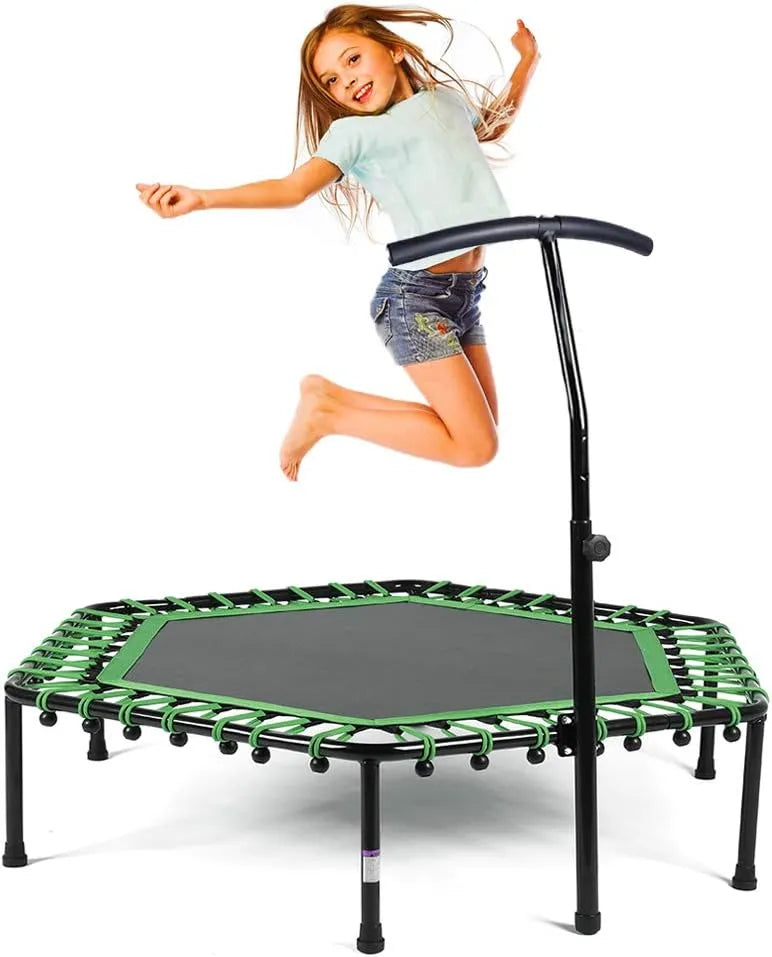 Home Gym Exercise Trampoline with Adjustable Handrail, Indoor/Outdoor, Hexagon, for Adults & Kids | Ideal for All Surfaces, Kids & Adults | Match-Ready | Includes Pump & Needle | Durable & Long-Lasting
