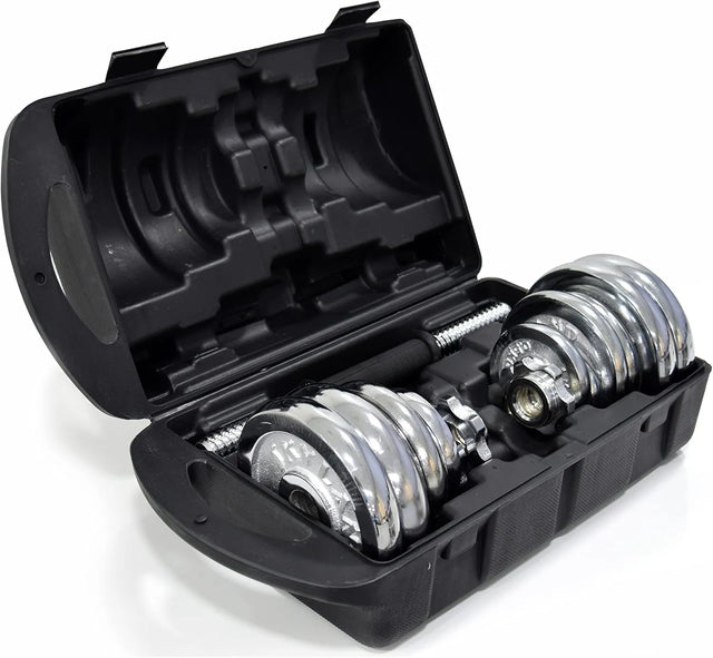Chrome Dumbbells and Barbell for Weight Training, Adjustable Dumbbell Set Includes Storage Case with Wheels, 20 KG, Silver | Ideal for All Surfaces, Kids & Adults | Match-Ready | Includes Pump & Needle