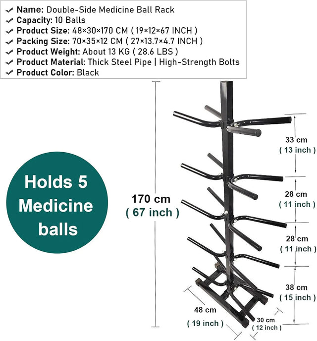 Sports Ball Storage Rack Double-Side Medicine Ball Tree Floor-Stand Exercise Ball Rack, Holds 10 Balls, Sports Ball Organizer for Fitness Gym Garage, 5-Tier, Black & Steel | Ideal for All Surfaces, Kids and Adults