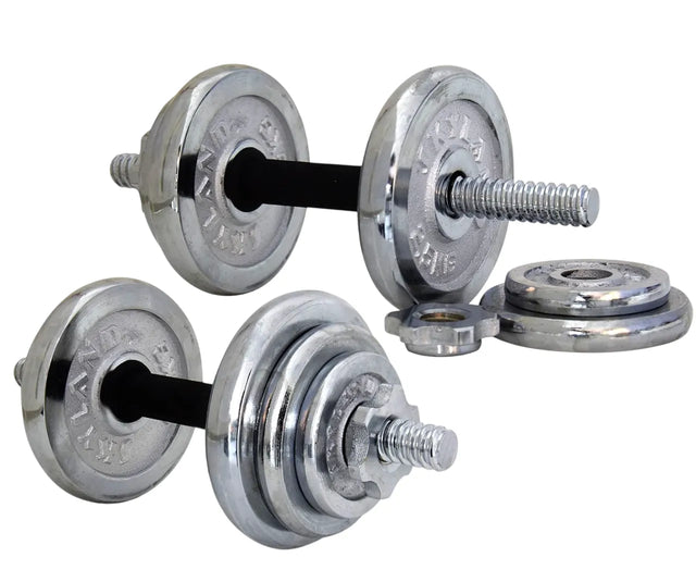 Chrome Dumbbells and Barbell for Weight Training, Adjustable Dumbbell Set Includes Storage Case with Wheels, 20 KG, Silver | Ideal for All Surfaces, Kids & Adults | Match-Ready | Includes Pump & Needle