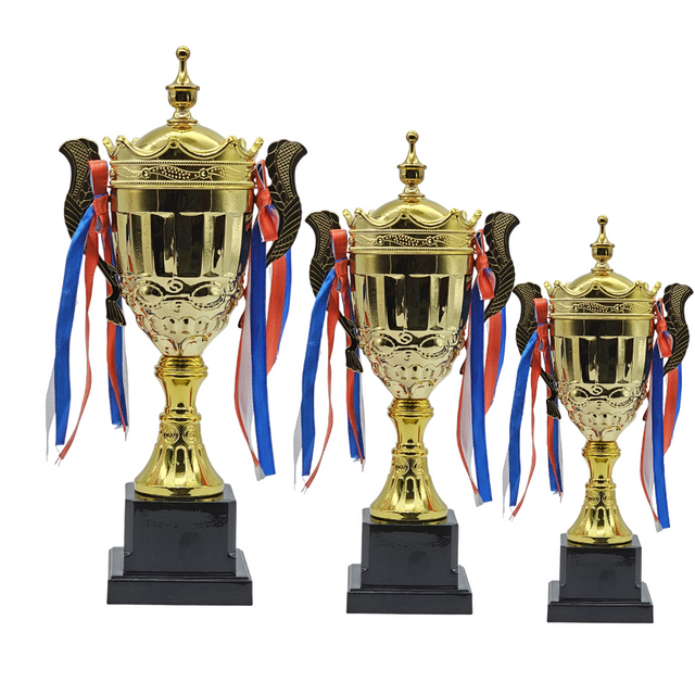 Set of 3 Gold Iron Metal Trophy Cups – 52cm, 47cm, 43cm | Premium Awards for Sports Events, Championships, Football Leagues & Team Collaboration