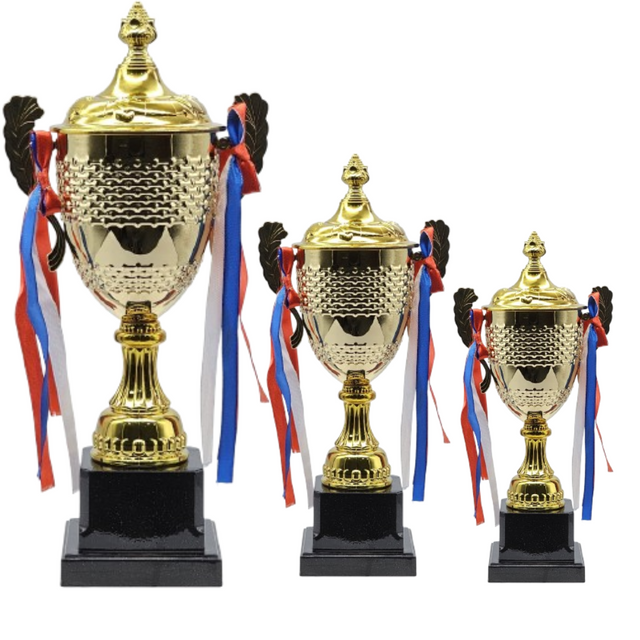 Set of 3 Gold Iron Metal Trophy Cups – 34cm, 34cm, 28cm | Premium Awards for Sports Events, Championships, Football Leagues & Team Collaboration