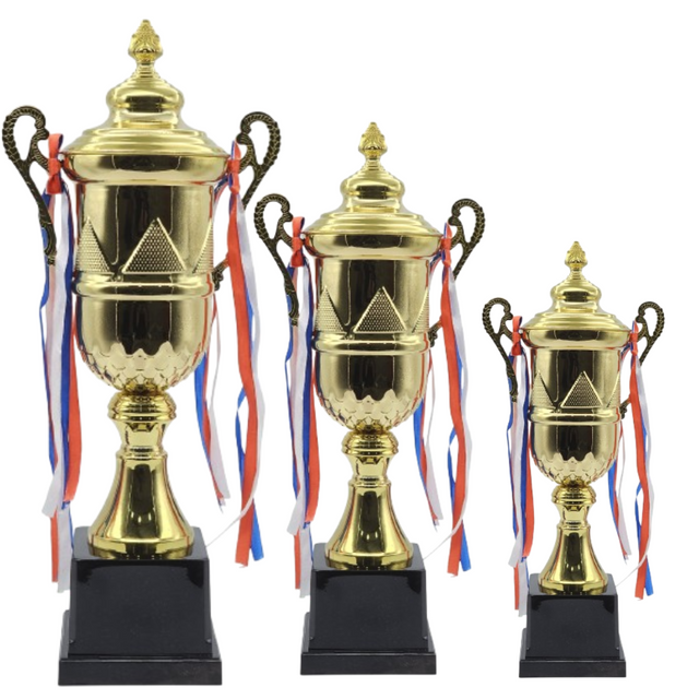 Set of 3 Gold Iron Metal Trophy Cups – 55cm, 51cm, 46cm | Premium Awards for Sports Events, Championships, Football Leagues & Team Collaboration