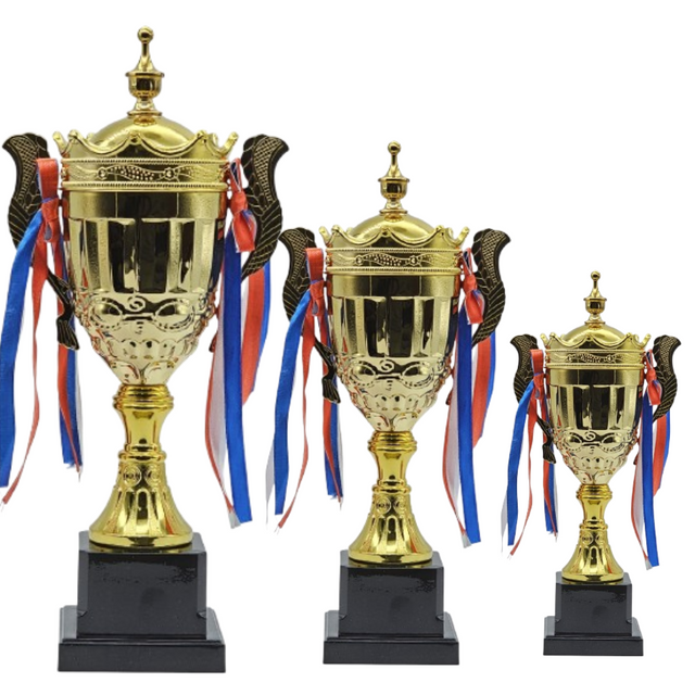 Set of 3 Gold Iron Metal Trophy Cups – 37cm, 34cm, 30cm | Premium Awards for Sports Events, Championships, Football Leagues & Team Collaboration