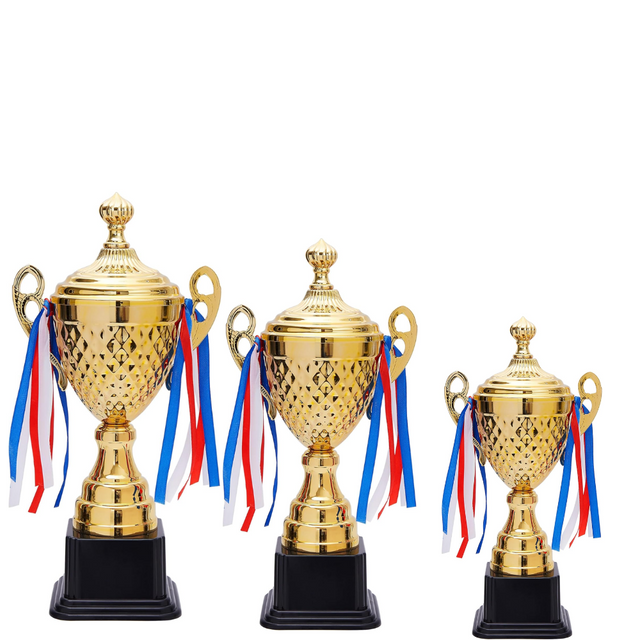 Personalized Gold Metal Trophy Cup Set – 39CM/45CM/51CM – Sports Award with Colorful Ribbons for Basketball, Football, Ceremonies, Competitions & Appreciation Gifts