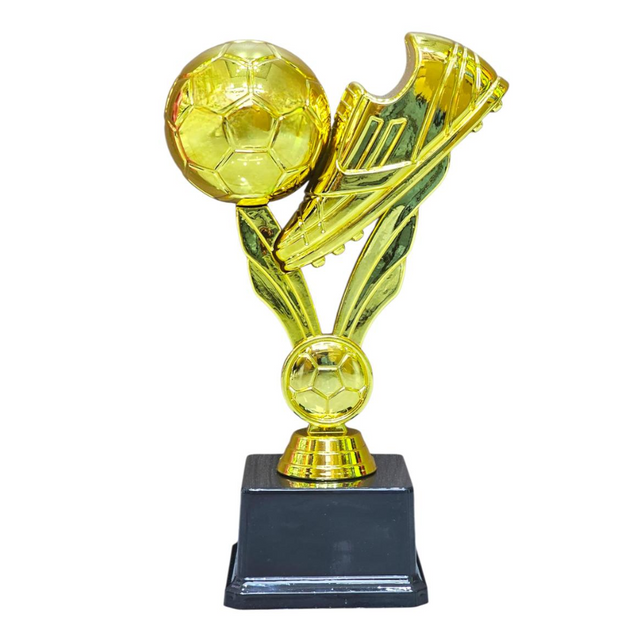 25cm Golden Football & Boot Trophy – Gold Color Soccer Award with Black Base for Tournaments & Player Recognition