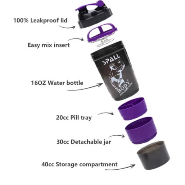 Protein Shaker Bottle Gym Shaker Cuo For Protein Shakes 16oz Shake Bottle With Shaker With Shaker Ball And Storage Compartment Leak Proof BPA Free | Ideal for All Surfaces, Kids & Adults | Match-Ready (70076)