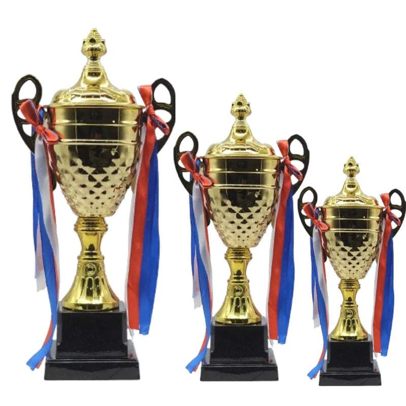 Set of 3 Gold Iron Metal Trophy Cups ? 35cm, 31cm, 28cm | Premium Awards for Sports Events, Championships, Football Leagues & Team Collaboration | Ideal for All Surfaces, Kids & Adults | Match-Ready