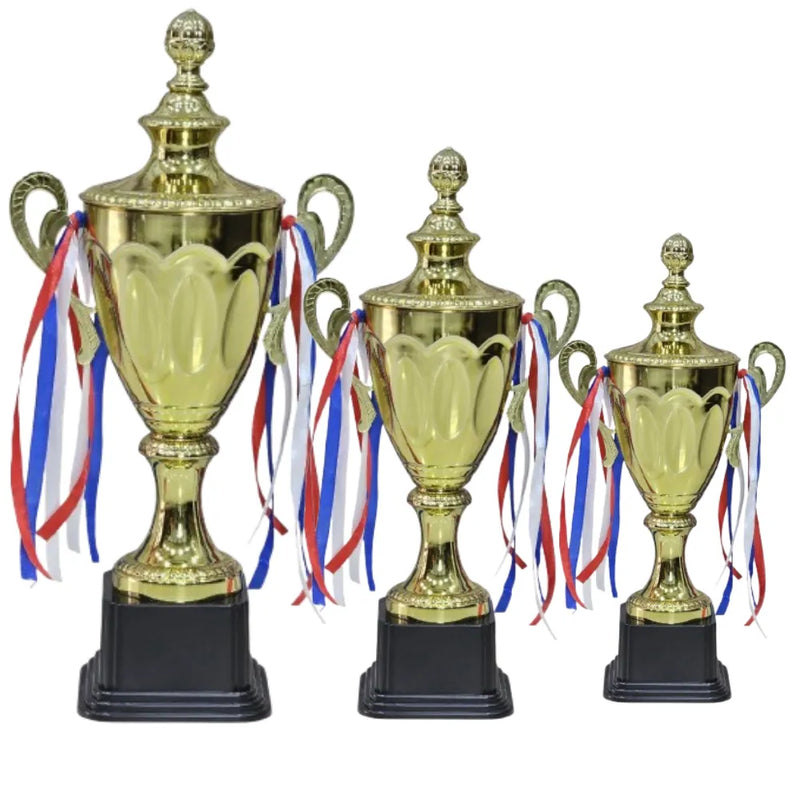 Set of 3 Gold Iron Metal Trophy Cups ? 53cm, 48cm, 42cm | Premium Awards for Sports Events, Championships, Football Leagues & Team Collaboration | Ideal for All Surfaces, Kids & Adults | Match-Ready