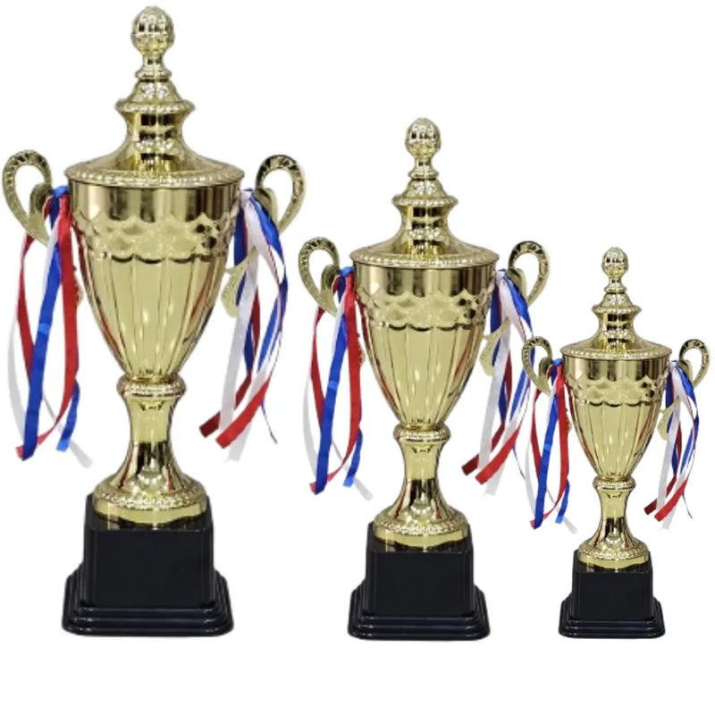 Set of 3 Gold Iron Metal Trophy Cups ? 53cm, 48cm, 42cm | Premium Awards for Sports Events, Championships, Football Leagues & Team Collaboration | Ideal for All Surfaces, Kids & Adults | Match-Ready
