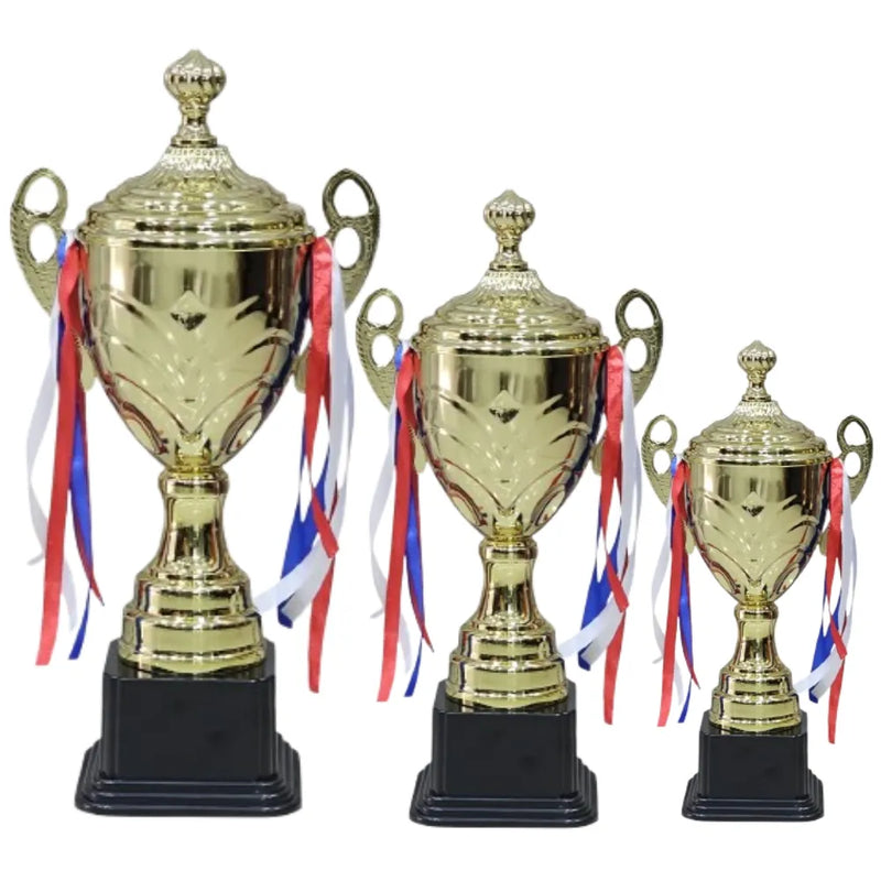 Set of 3 Gold Iron Metal Trophy Cups ? 49cm, 43cm, 39cm | Premium Awards for Sports Events, Championships, Football Leagues & Team Collaboration | Ideal for All Surfaces, Kids & Adults | Match-Ready