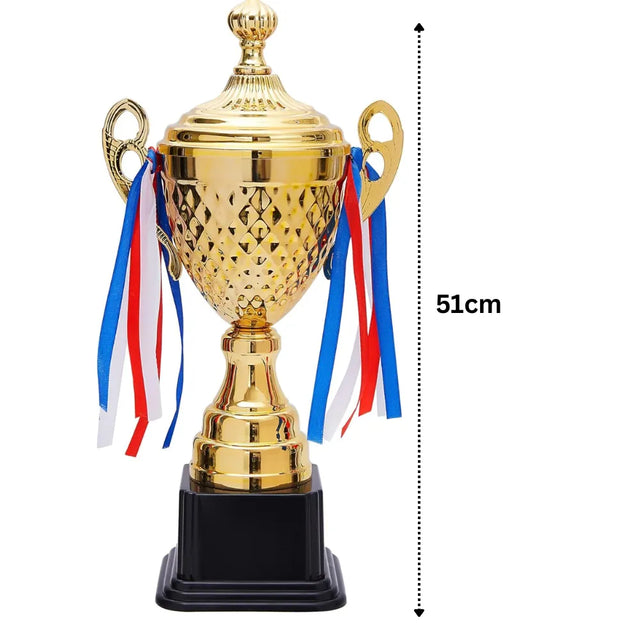 Personalized Gold Metal Trophy Cup Set – 39CM/45CM/51CM – Sports Award with Colorful Ribbons for Basketball, Football, Ceremonies, Competitions & Appreciation Gifts