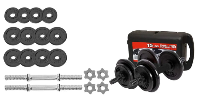 15kg Dumbbells with Steel Grip ? Includes Storage Box | Ideal for All Surfaces, Kids & Adults | Match-Ready | Includes Pump & Needle | Durable & Long-Lasting Performance