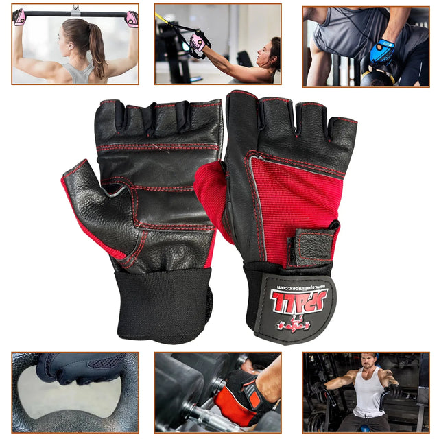 Weight Lifting Leather Gloves Short Strap Power Lifting Gloves Strong Grip Palm Exercise Fitness Strengthen Gloves Home Gym (11001) | Ideal for All Surfaces, Kids & Adults | Match-Ready | Includes Pump & Needle
