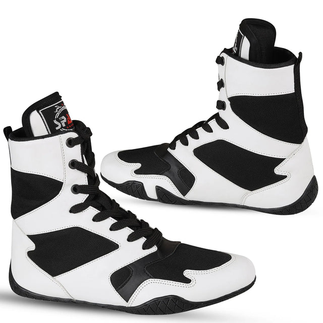 Boxing Shoes White Black For Professionals And Beginners (SI-1125) | Ideal for All Surfaces, Kids & Adults | Match-Ready | Includes Pump & Needle | Durable & Long-Lasting Performance