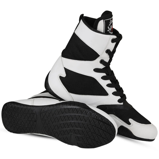 Boxing Shoes White Black For Professionals And Beginners (SI-1125) | Ideal for All Surfaces, Kids & Adults | Match-Ready | Includes Pump & Needle | Durable & Long-Lasting Performance