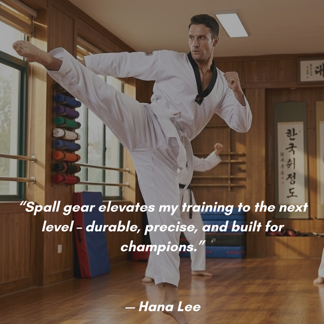 Person in a martial arts uniform performing a high kick in a dojo with text overlay.