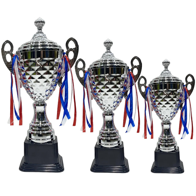 Trophy 3 Pcs Set For Color Silver Base Black With Red White Blue Ribbon For Competitions Office Desktop Decorations Sports Match School Awards Game Prize Tournaments | Ideal for All Surfaces