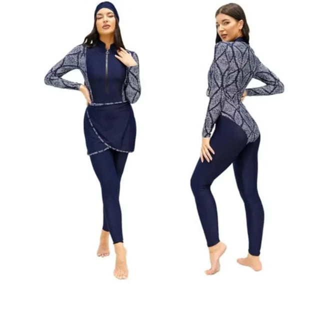 Muslim Women Modest Swimsuit Full Coverage Floral Print Three Piece Islamic Hijab Ladies Beachwear Swimming Swimwear | Ideal for All Surfaces, Kids & Adults | Match-Ready | Includes Pump & Needle