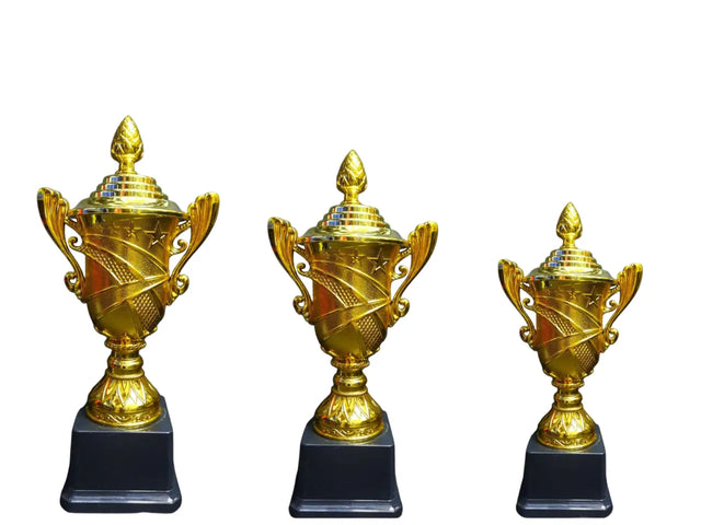 Set of 3 Gold Trophies 26/23/21 cm with black plastic base Design | Premium Awards 216A | Ideal for All Surfaces, Kids & Adults | Match-Ready | Includes Pump & Needle | Durable & Long-Lasting Performance