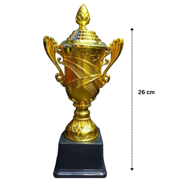 Set of 3 Gold Trophies 26/23/21 cm with black plastic base Design | Premium Awards 216A | Ideal for All Surfaces, Kids & Adults | Match-Ready | Includes Pump & Needle | Durable & Long-Lasting Performance
