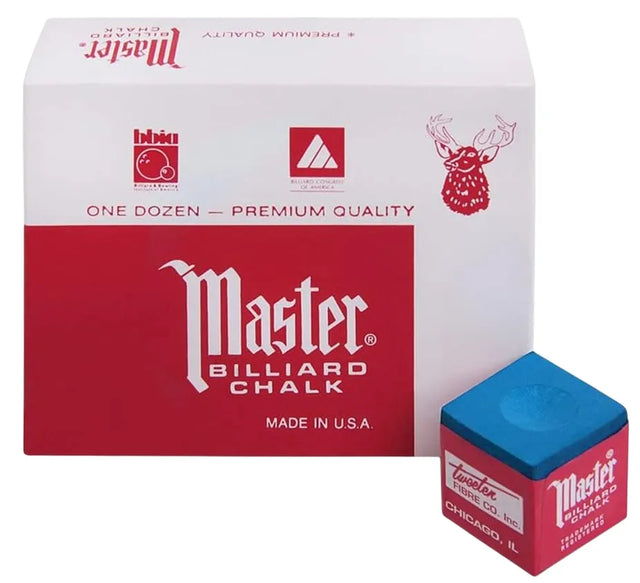 Master Billiards/Pool Cue Chalk Box, 12 Cubes | Ideal for All Surfaces, Kids & Adults | Match-Ready | Includes Pump & Needle | Durable & Long-Lasting Performance