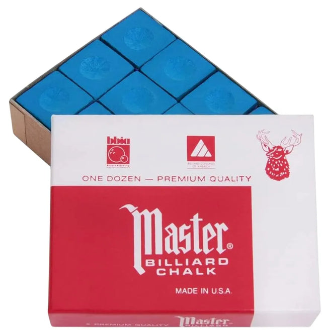 Master Billiards/Pool Cue Chalk Box, 12 Cubes | Ideal for All Surfaces, Kids & Adults | Match-Ready | Includes Pump & Needle | Durable & Long-Lasting Performance