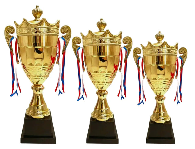 Set of 3 Gold Trophies ? 43cm 37cm 34cm ? Metal Award Cups for Sports Events, School Competitions, Football, Cricket, Basketball, Academic Achievements & Corporate Awards | Ideal for All Surfaces