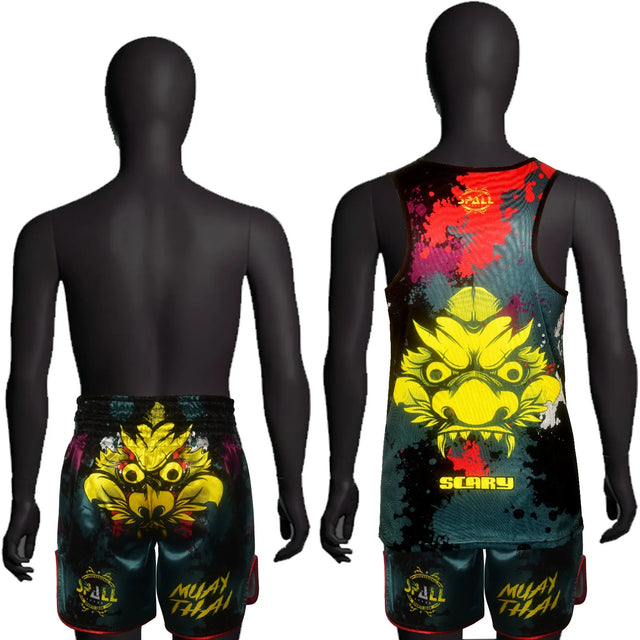 MUAY THAI TANK TOP SHIRT SCARY Bodybuilding Gym Tank Tops Workout Fitness Vest For Men(SI-3253) | Ideal for All Surfaces, Kids & Adults | Match-Ready | Includes Pump & Needle | Durable & Long-Lasting